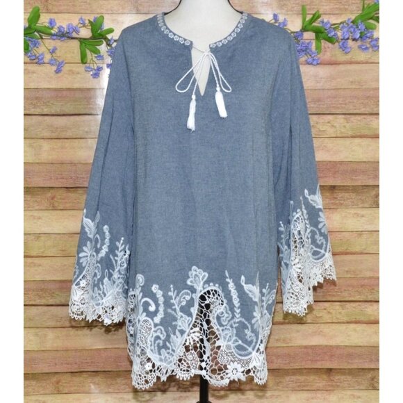 Roaman's Chambray Boho Long Bell Sleeve Pullover Lace Trim Tunic Blouse Size 22W - Picture 1 of 12